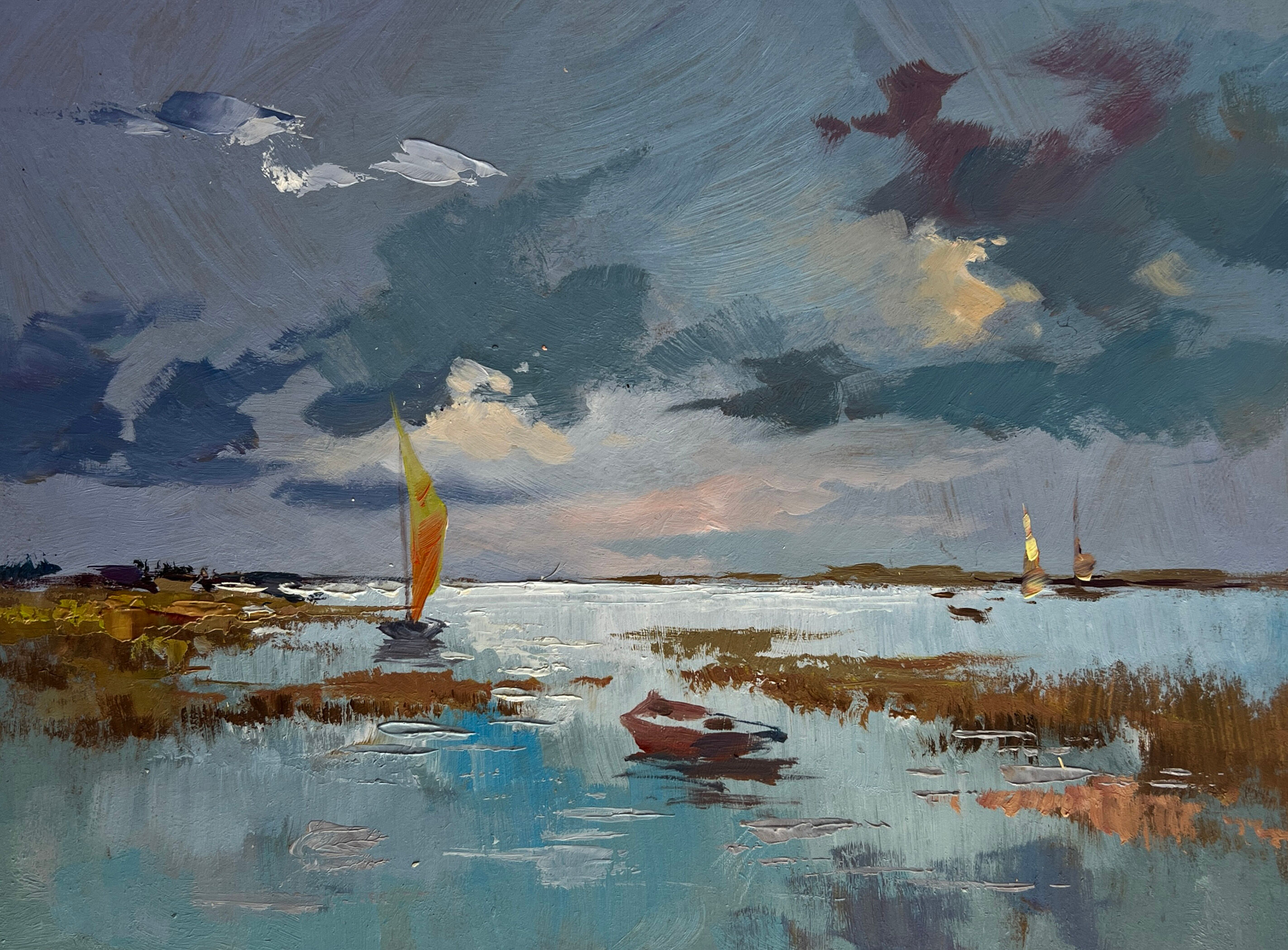 Dipinto ad olio "Una tranquilla serata in riva al fiume" di Yuriy Suprunchuk, 15x20 cm.