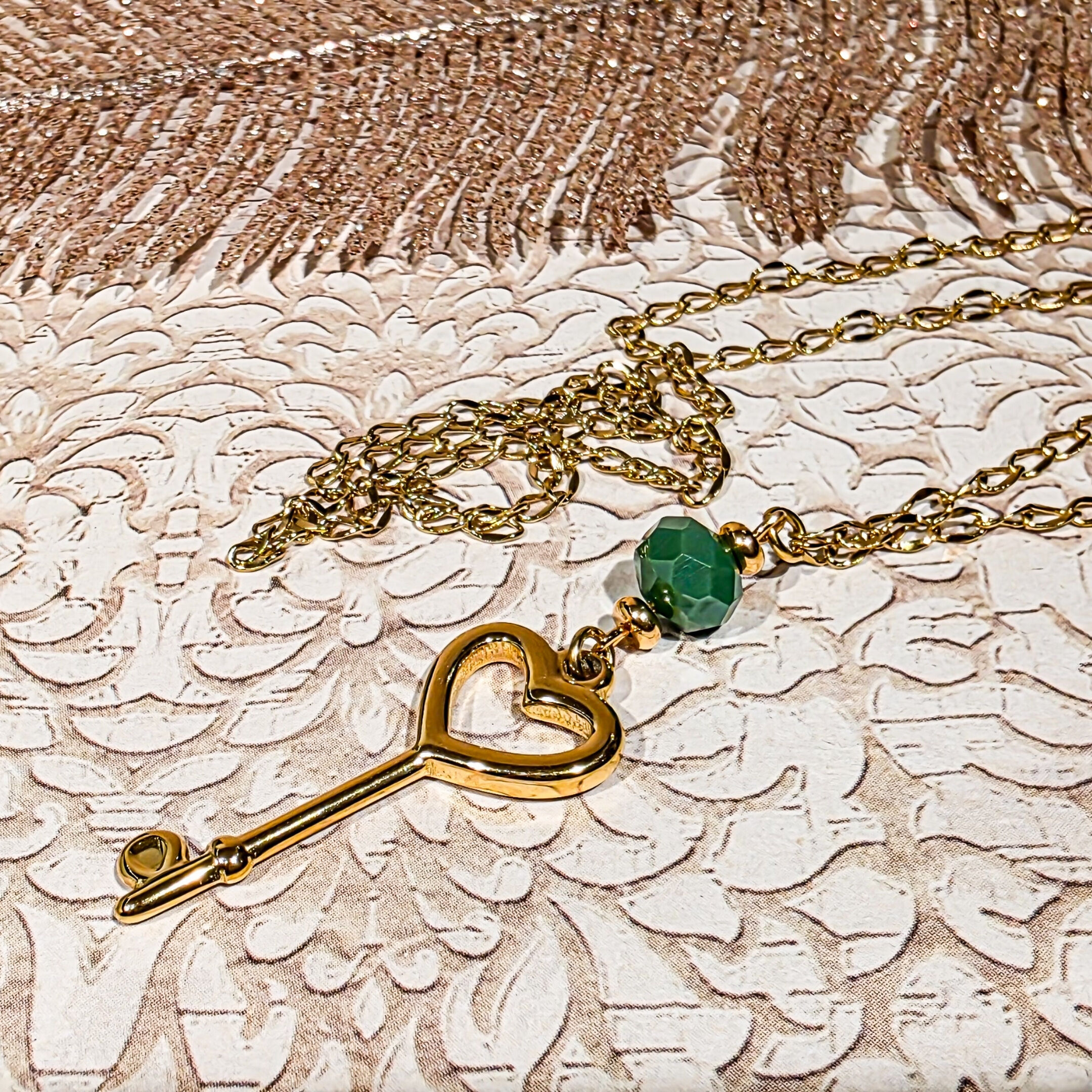 Collier clé coeur perle facettes vert or Bijou acier inoxydable Bohème Chic Perle Fête des mères Cadeau Maman Cadeau Maîtresse