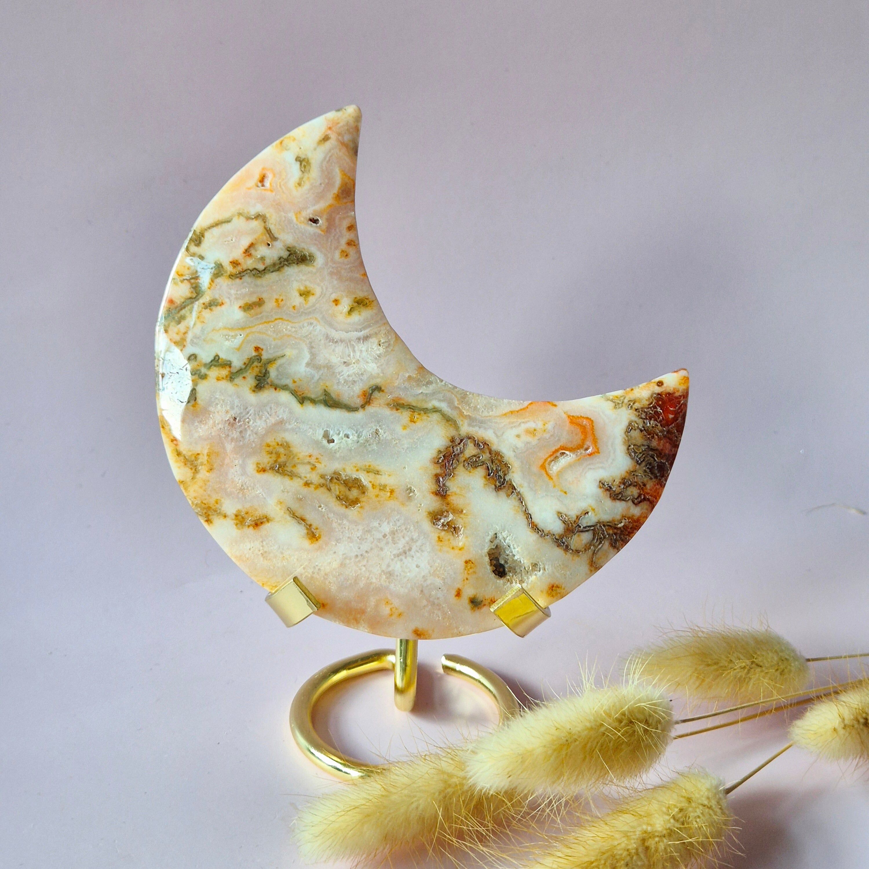 Druzy-Rotmoosachat-Mond auf Ständer – 222 g Edelstein-Statement-Piece