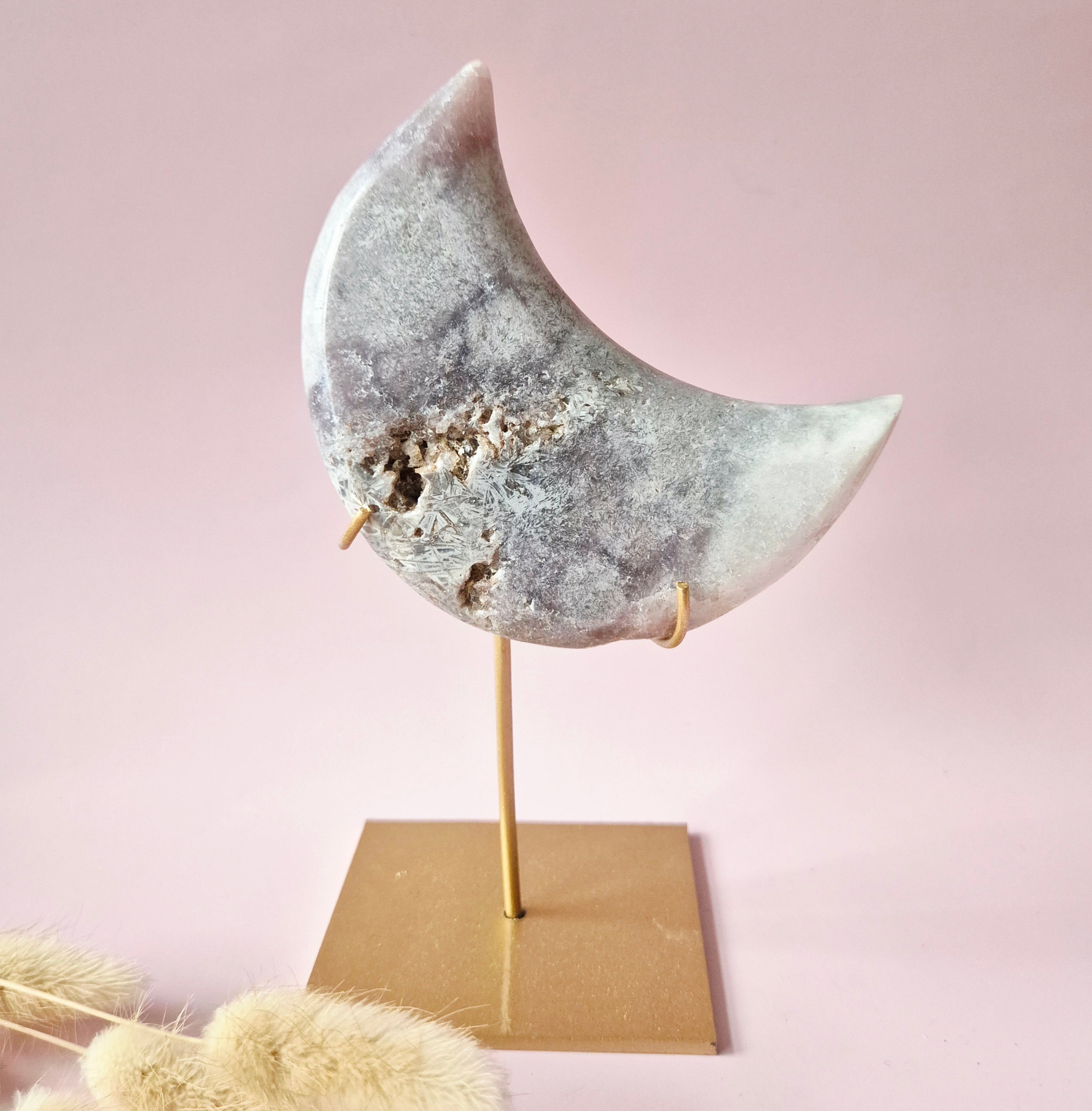 XL Edelstein Druzy Rosa Amethyst Mond – Hohe Qualität #19 281g | inkl.Metallständer | Unikat aus rosa Amethyst