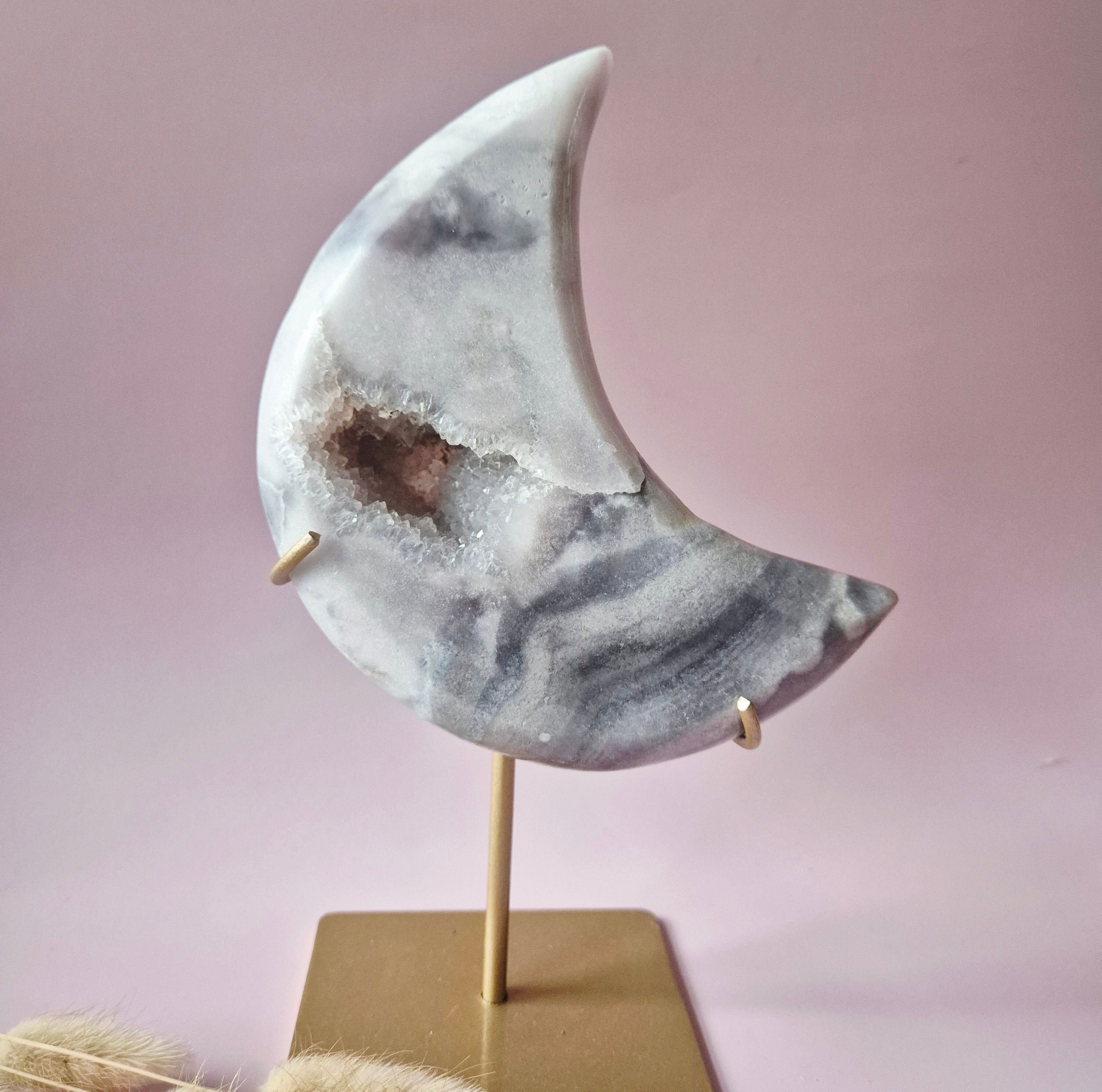 XL Edelstein Druzy Rosa Amethyst Mond – Hohe Qualität #14 1025g | inkl.Metallständer | Unikat aus rosa Amethyst