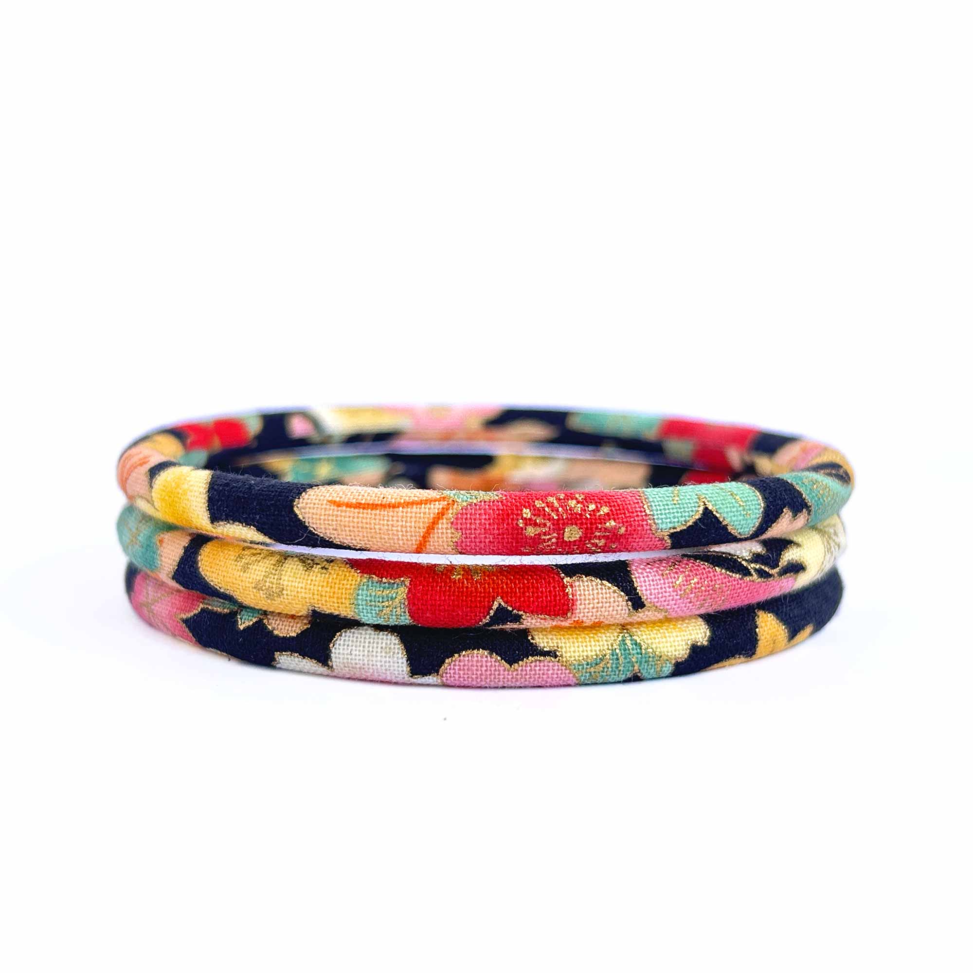 Bracelet jonc Japonais doré - fleurs multicolores fond noir