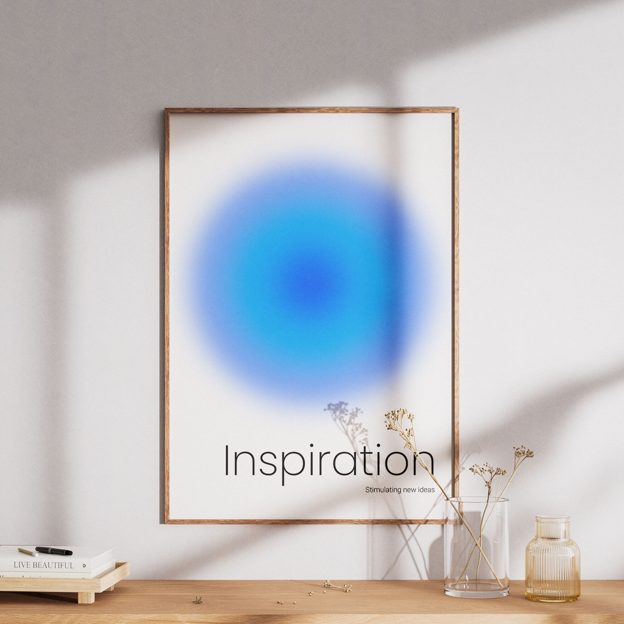 Affiche décorative minimaliste bleu dégradé avec texte "Inspiration" design moderne épuré