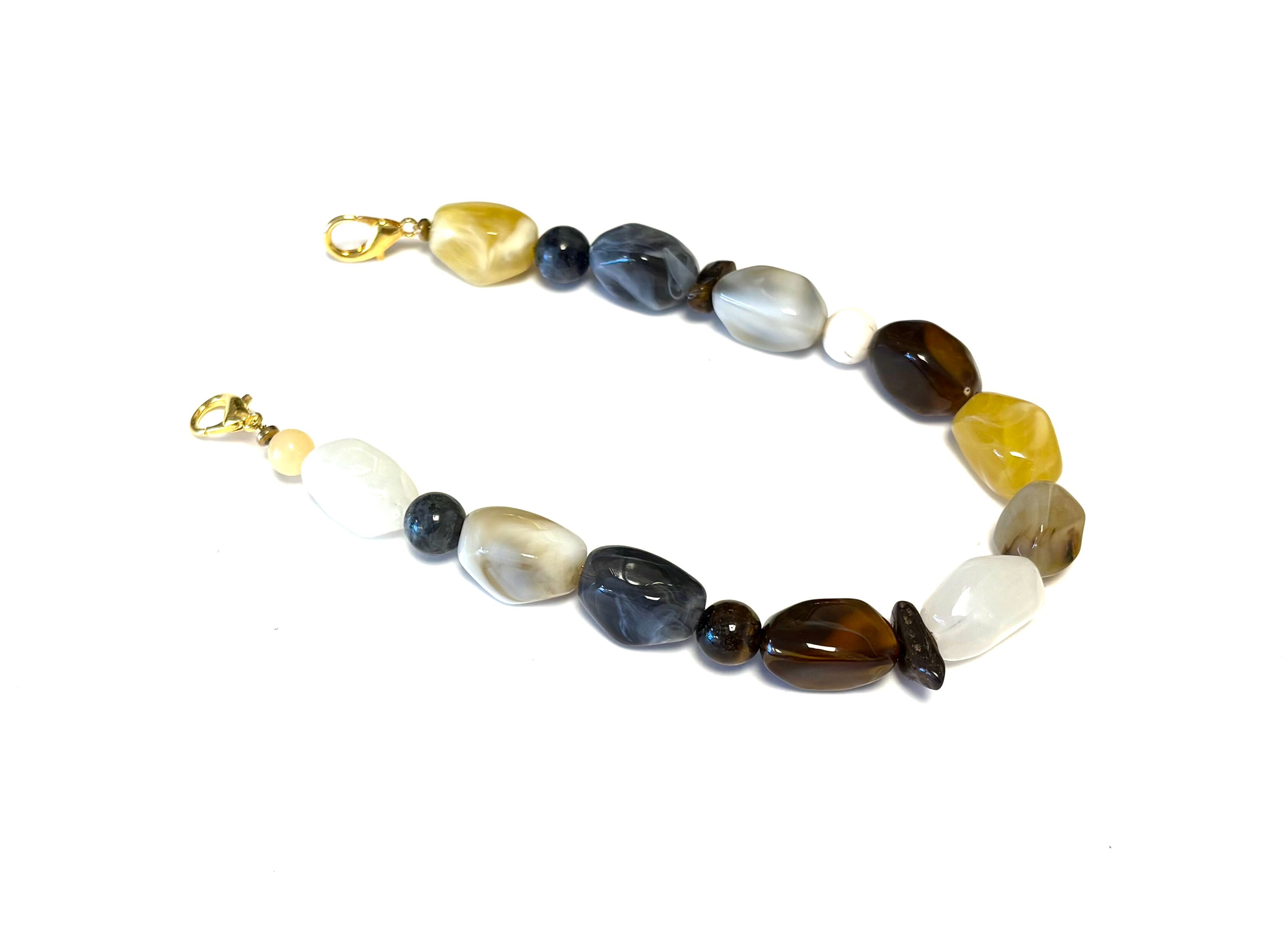 Telephone cord large beads acrylic/natural stone brown/grey