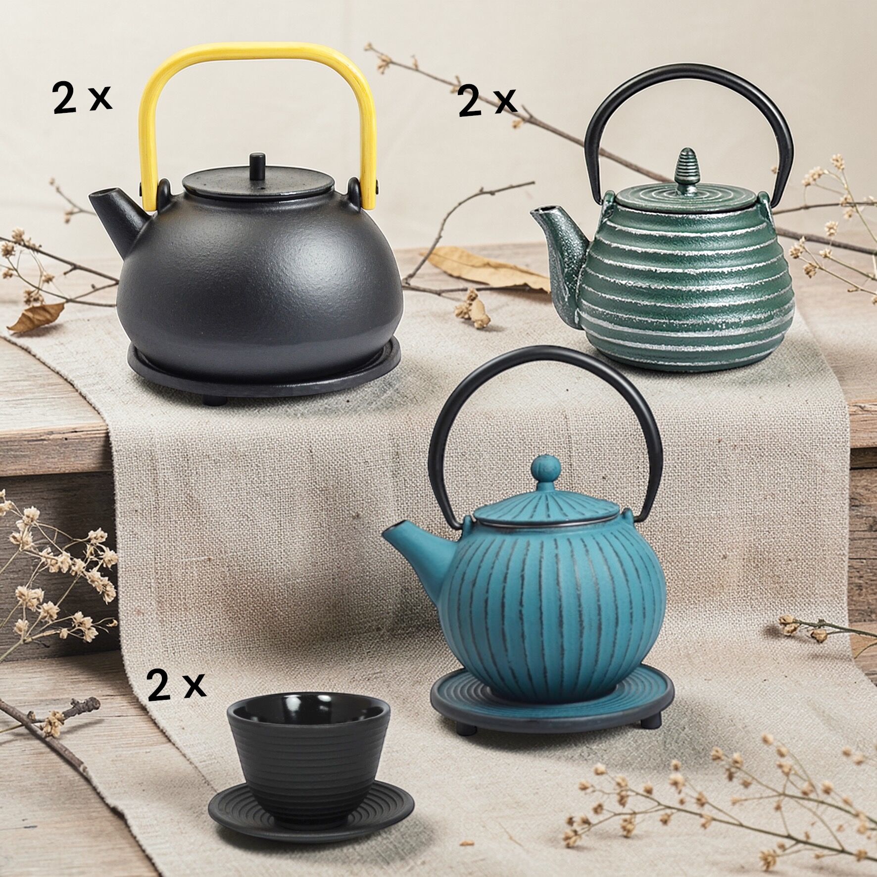 Cast Iron Teapot Set – 5 Teapots + 2 Teacups | Premium Gift Set | Asian Design | Reseller Bestseller