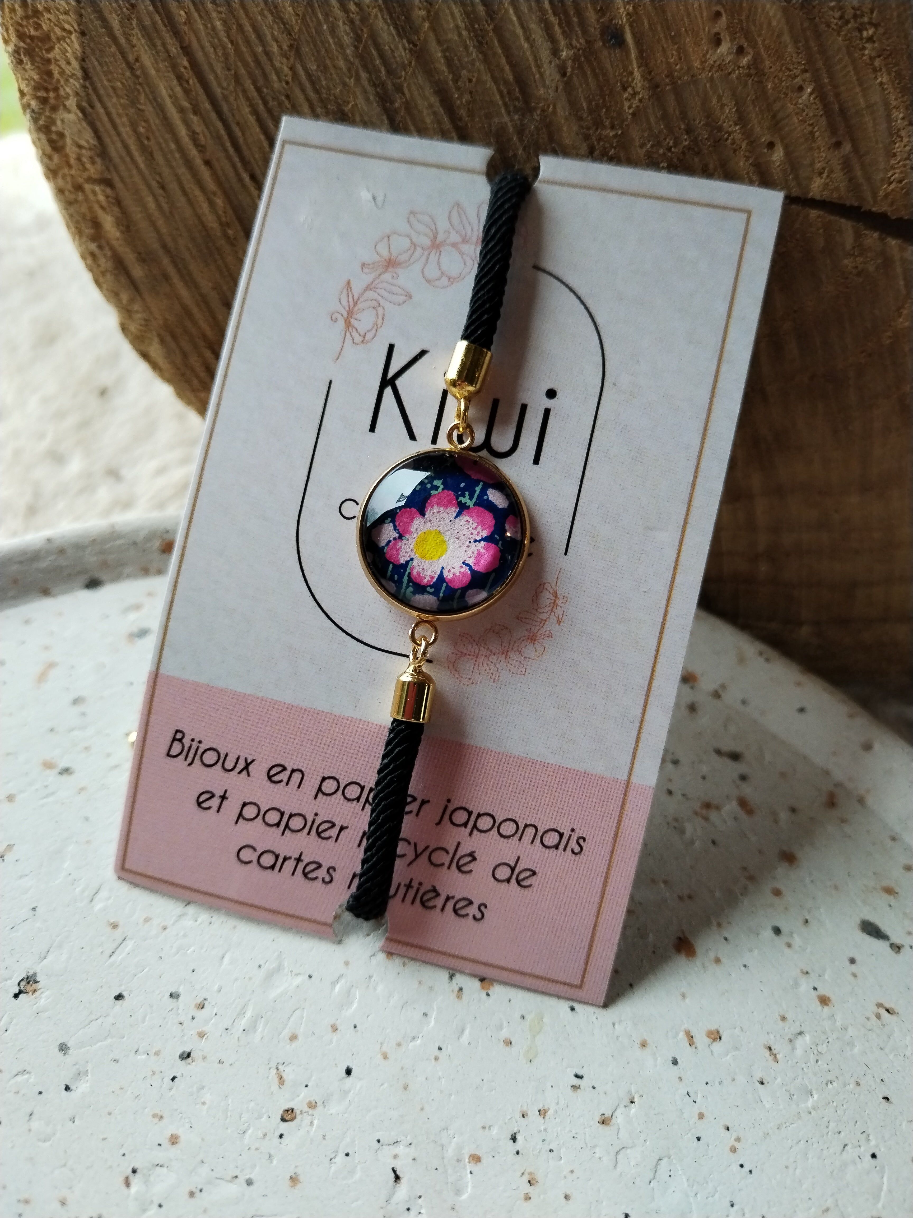 Adjustable black cotton bracelet - blue cabochon with pink flower