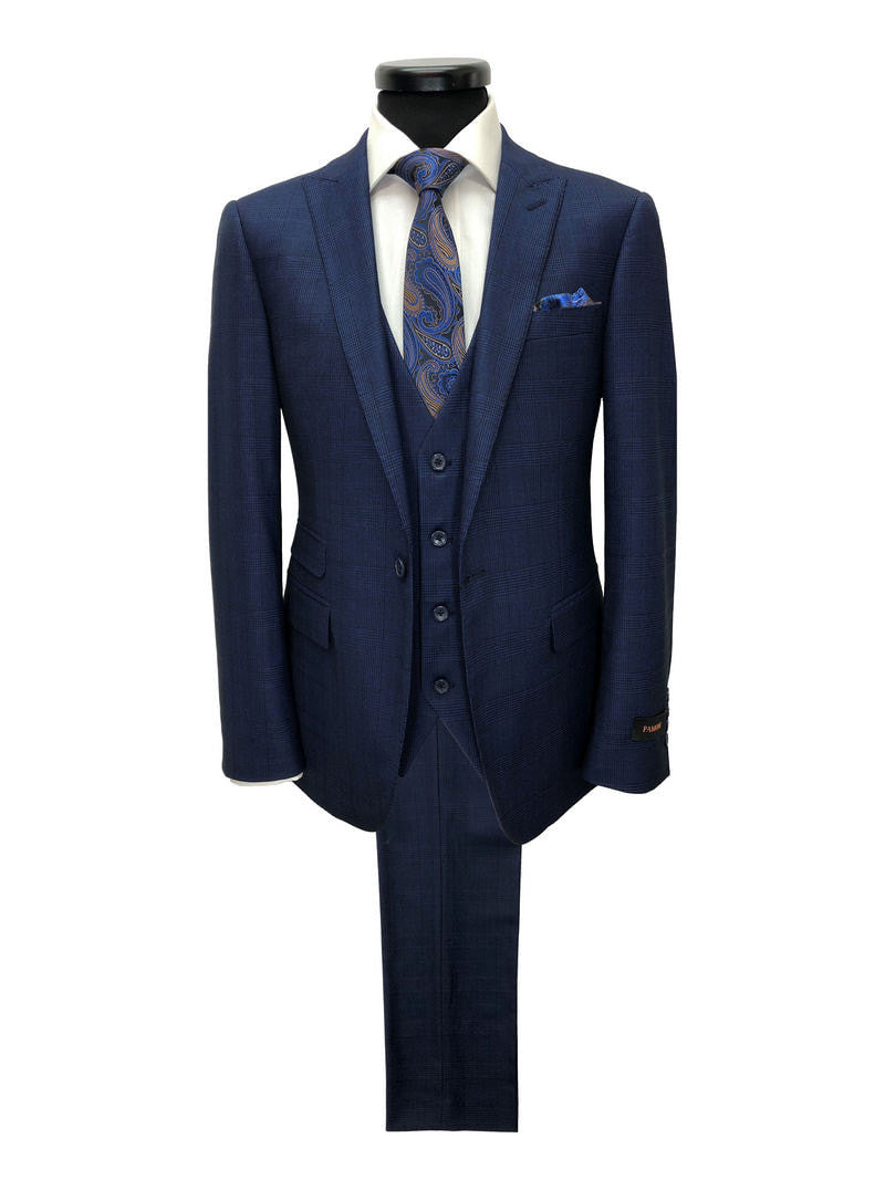 Dreiteiliger Anzug mit Prince-of-Wales-Karo in Marineblau, einreihig.