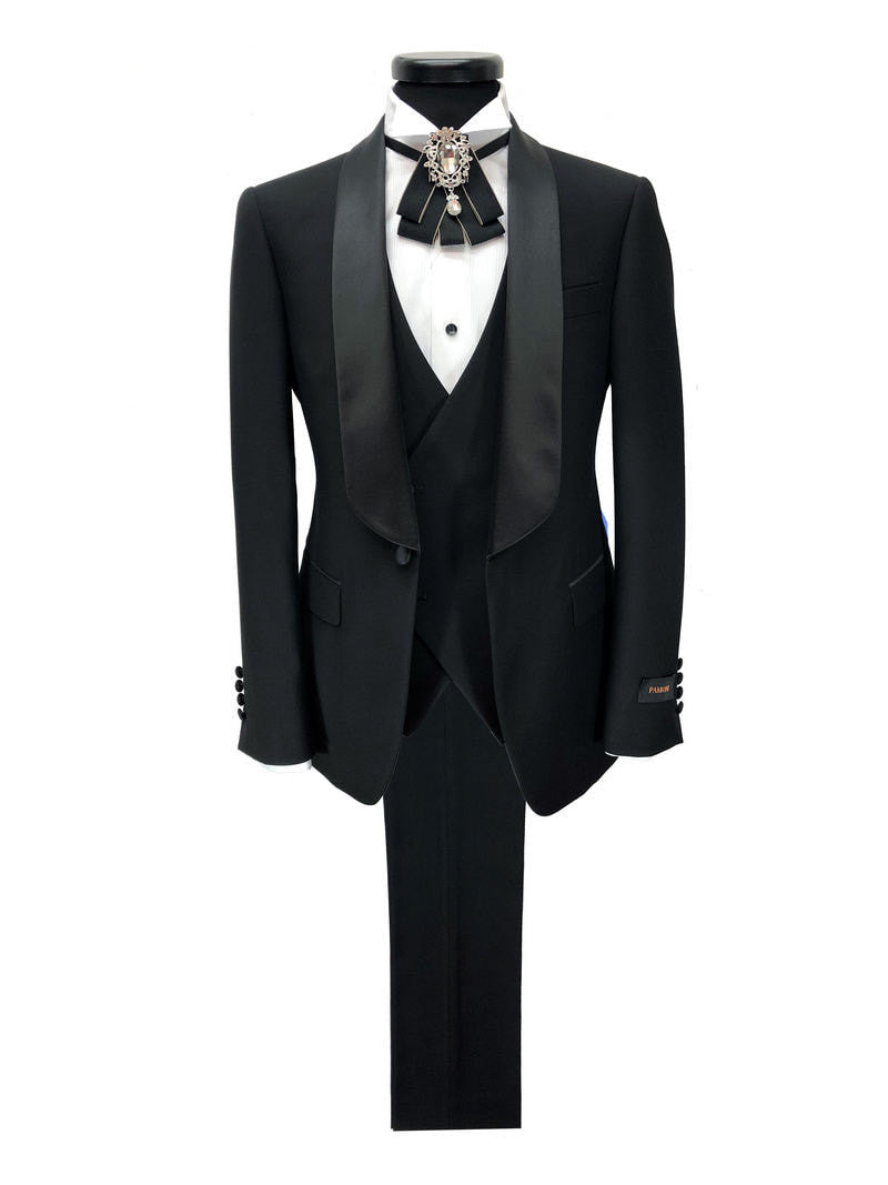 Schwarzer dreiteiliger Smoking mit Satin-Schalrevers