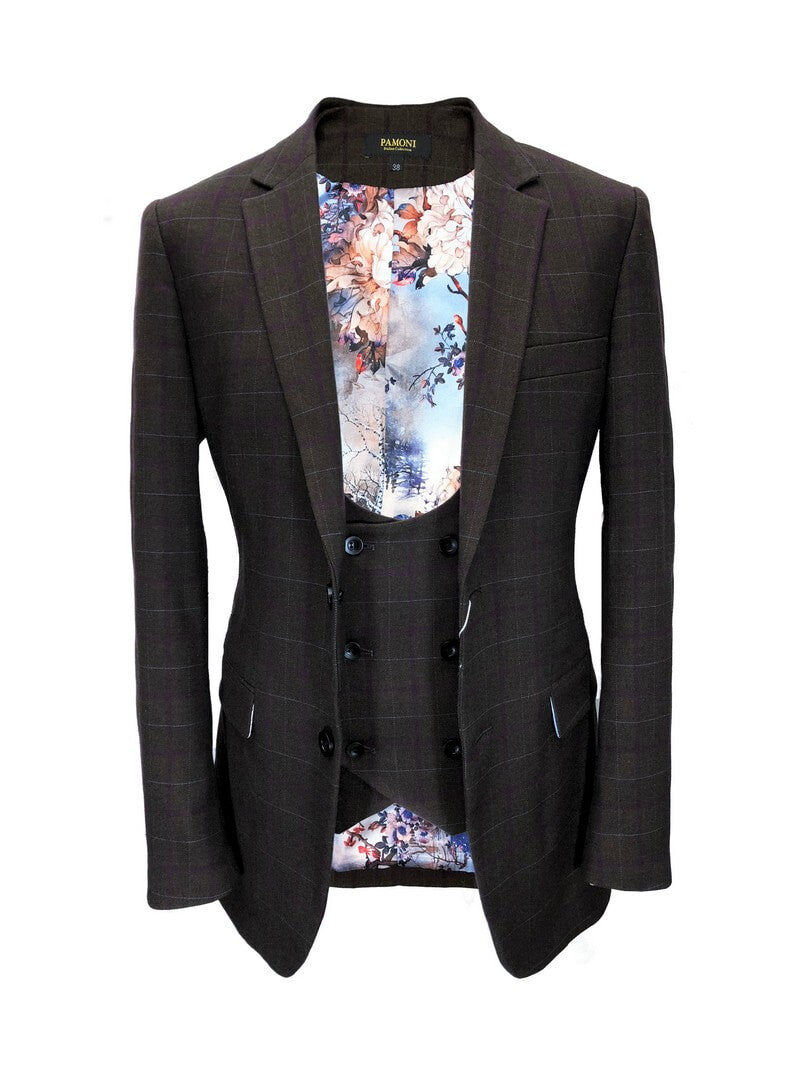 Brauner, burgunderfarbener Tweedblazer mit Karomuster und passender Weste