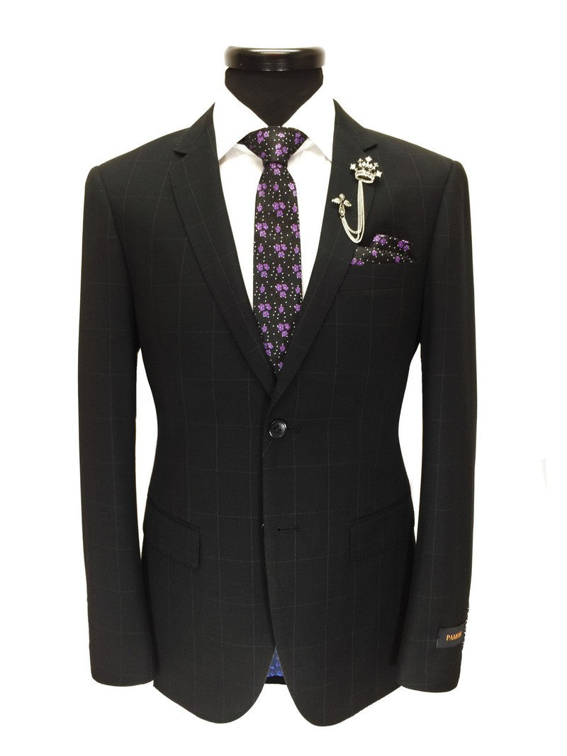 Schwarzer karierter Slim-Fit-Anzug mit 2 Knöpfen