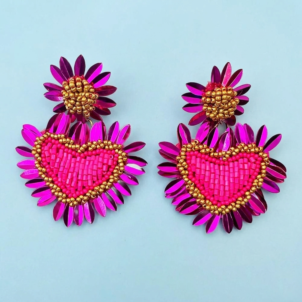 Orecchini a forma di fiore e cuore realizzati con perline.