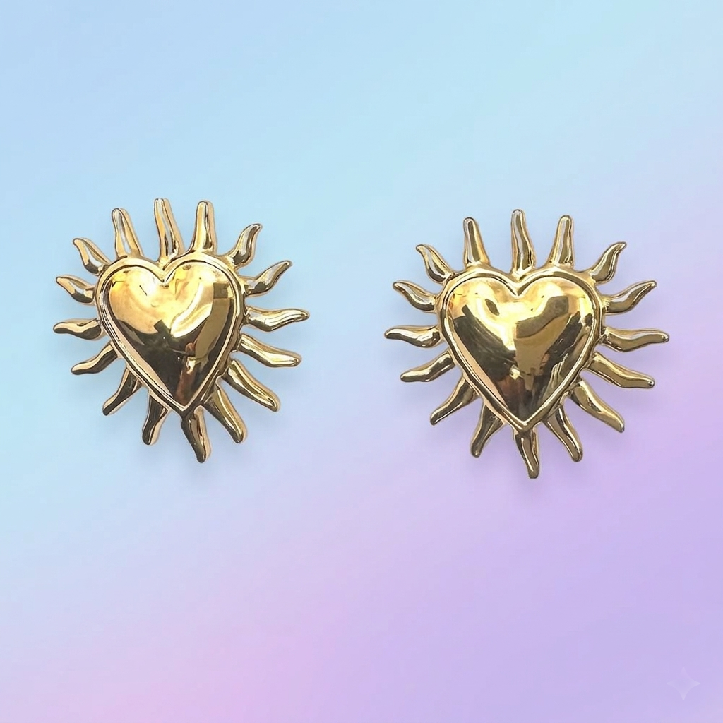 Orecchini a forma di sole e cuore in acciaio color oro