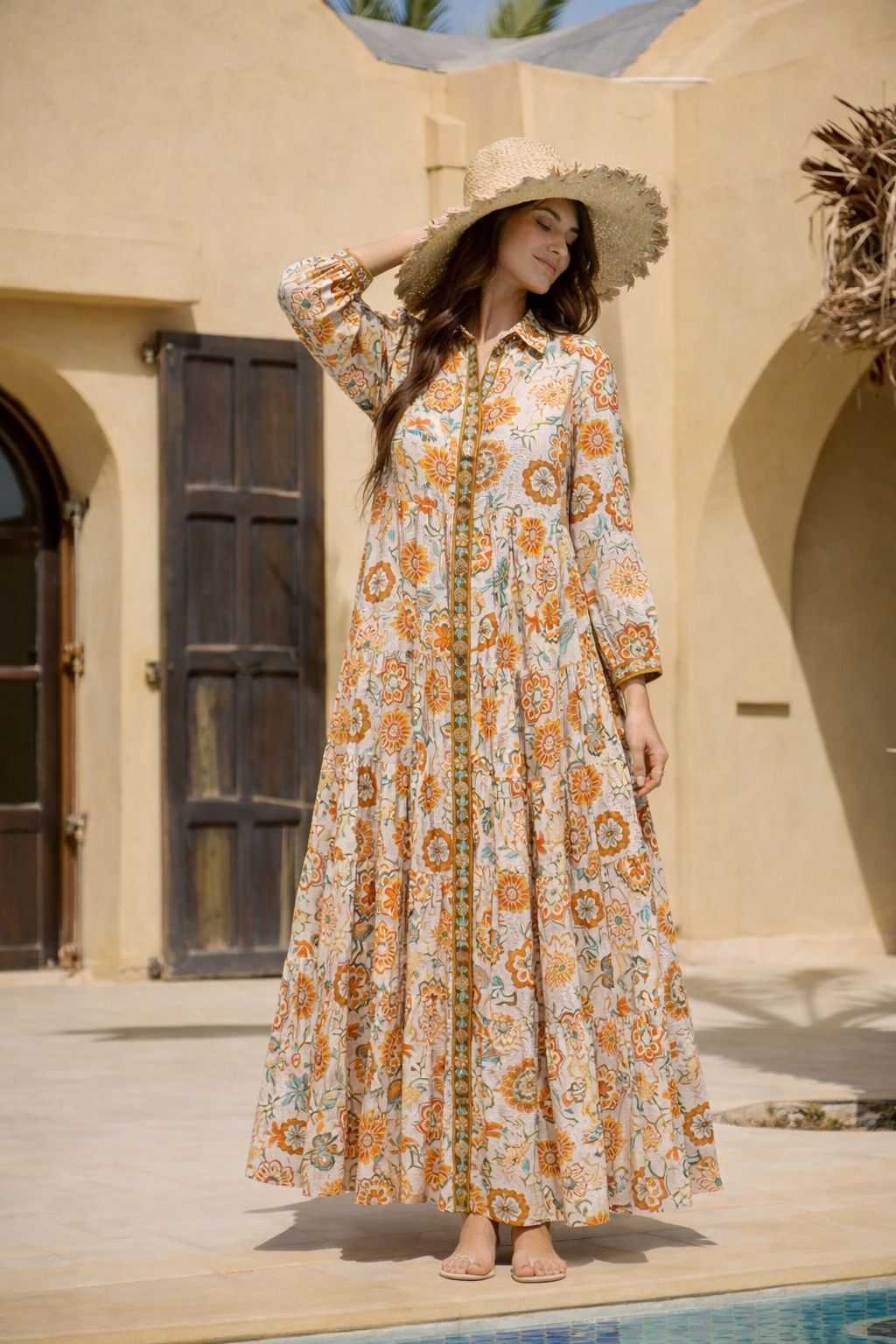 Bohemian long shirt dress in floral print dobby cotton - One Size