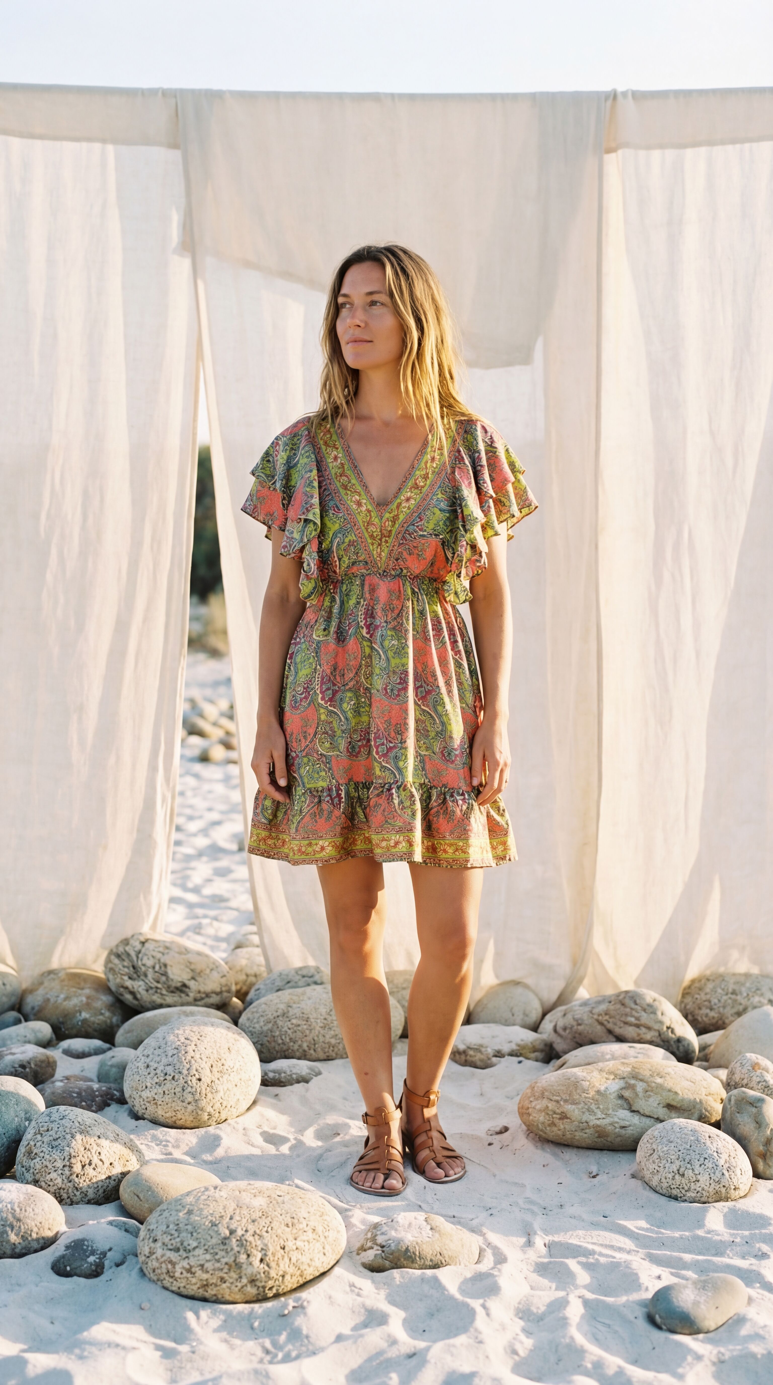 Silk Mini Dress, Frill Sleeve Dress, Boho Short Dress