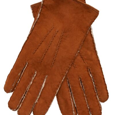 EEM women's gloves hand-sewn from New Zealand curly lambskin, premium - tobacco