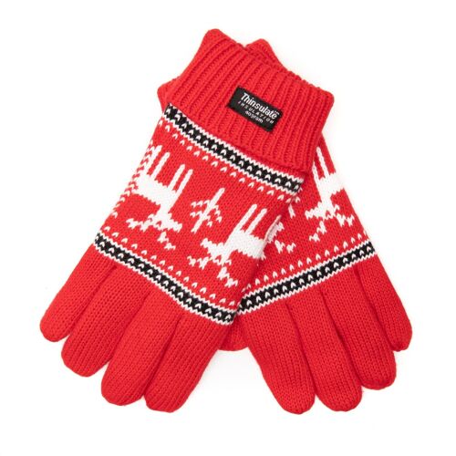 EEM Damen Strick Handschuhe X-Mas aus Baumwolle mit Thinsulate Thermofutter - rot Hirsch