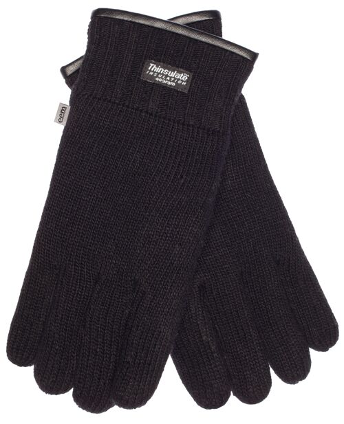 EEM Herren Strick Handschuhe mit Thinsulate Thermofutter und echtem Wildleder als Saum und der Innenhand, 100% Wolle - schwarz