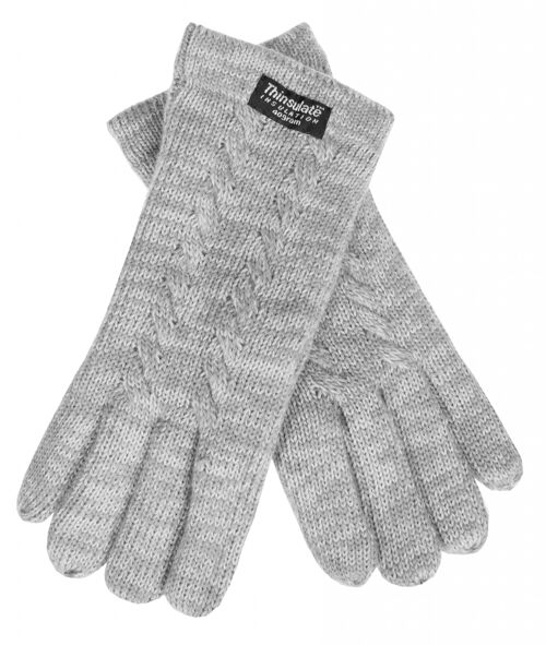 EEM Damen Strick Handschuhe mit Thinsulate Thermofutter und Zopfmuster, Strickmaterial aus 100% Wolle oder 100% Baumwolle je nach Farbe - Grau Melange Schafwolle
