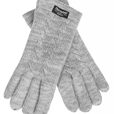 Gants tricotés femme EEM avec doublure thermique Thinsulate et motif torsadé, matière tricotée en 100% laine ou 100% coton selon la couleur - laine de mouton gris chiné