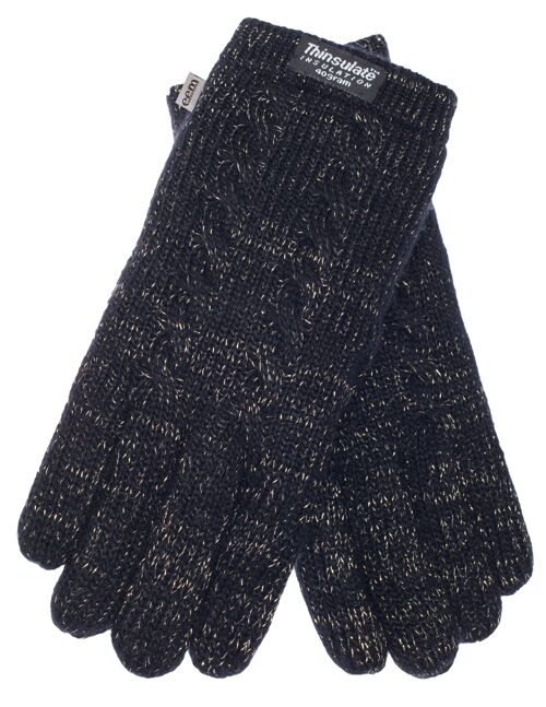 EEM Damen Strick Handschuhe mit Thinsulate Thermofutter und Zopfmuster, Strickmaterial aus 100% Wolle oder 100% Baumwolle je nach Farbechwarz Gold Baumwolle