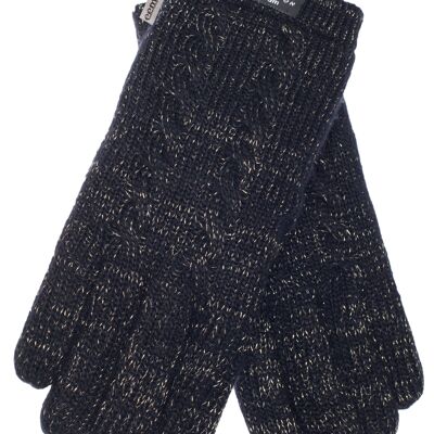 EEM Damen Strick Handschuhe mit Thinsulate Thermofutter und Zopfmuster, Strickmaterial aus 100% Wolle oder 100% Baumwolle je nach Farbechwarz Gold Baumwolle