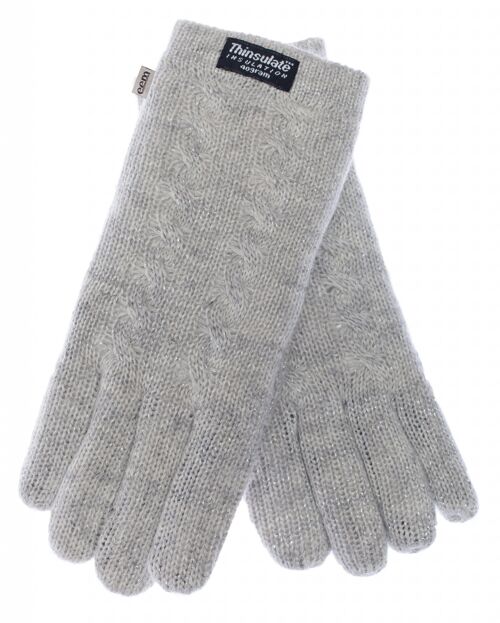 EEM Damen Strick Handschuhe mit Thinsulate Thermofutter und Zopfmuster, Strickmaterial aus 100% Wolle oder 100% Baumwolle je nach Farbe - Grau Silber Baumwolle