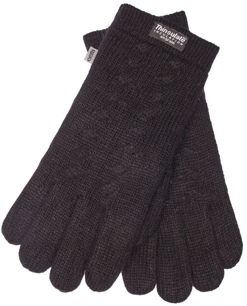 EEM Damen Strick Handschuhe mit Thinsulate Thermofutter und Zopfmuster, Strickmaterial aus 100% Wolle oder 100% Baumwolle je nach Farbechwarz Schafwolle