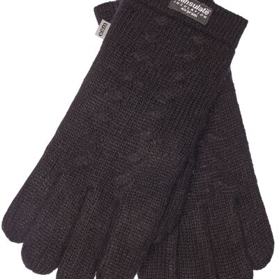 EEM Damen Strick Handschuhe mit Thinsulate Thermofutter und Zopfmuster, Strickmaterial aus 100% Wolle oder 100% Baumwolle je nach Farbechwarz Schafwolle
