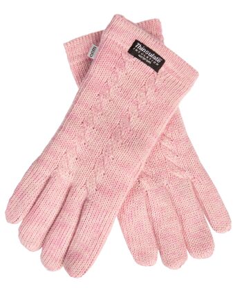 Gants tricotés femme EEM avec doublure thermique Thinsulate et motif torsadé, matière tricotée en 100% laine ou 100% coton selon la couleur - mélange rose 2