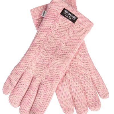 Gants tricotés femme EEM avec doublure thermique Thinsulate et motif torsadé, matière tricotée en 100% laine ou 100% coton selon la couleur - mélange rose