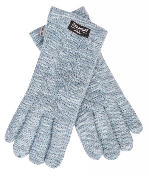 EEM Damen Strick Handschuhe mit Thinsulate Thermofutter und Zopfmuster, Strickmaterial aus 100% Wolle oder 100% Baumwolle je nach Farbe - Hellblau