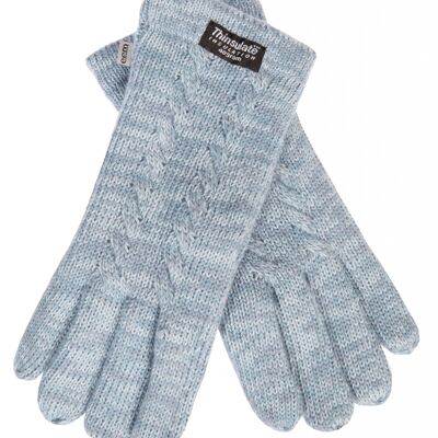 EEM Damen Strick Handschuhe mit Thinsulate Thermofutter und Zopfmuster, Strickmaterial aus 100% Wolle oder 100% Baumwolle je nach Farbe - Hellblau