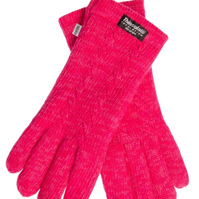 EEM Damen Strick Handschuhe mit Thinsulate Thermofutter und Zopfmuster, Strickmaterial aus 100% Wolle oder 100% Baumwolle je nach Farbe - Pink Melange