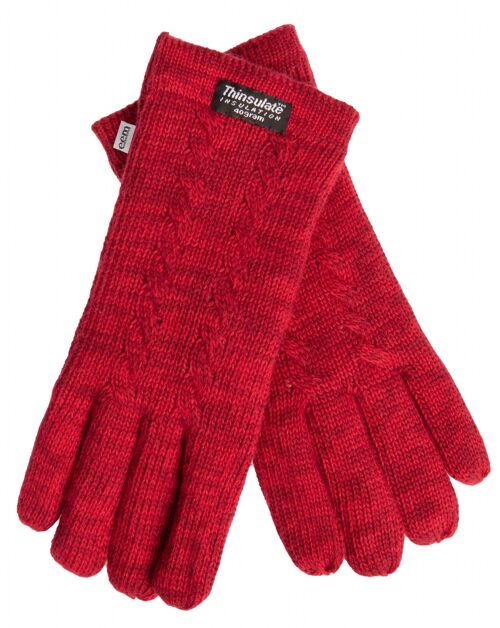 EEM Damen Strick Handschuhe mit Thinsulate Thermofutter und Zopfmuster, Strickmaterial aus 100% Wolle oder 100% Baumwolle je nach Farbe - Beere Melange
