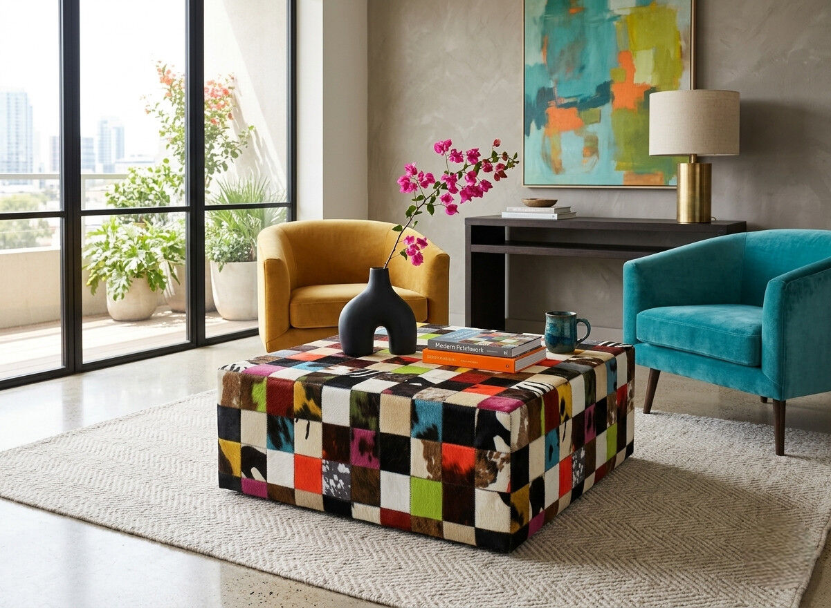 Mehrfarbiger Patchwork-Tisch aus Kuhfell, Annecy