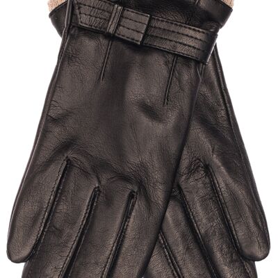 EEM Damen Leder Handschuhe KYLIE aus Lammnappaleder mit Zierriegel, Strickstulpe und Fleecefutter - schwarz