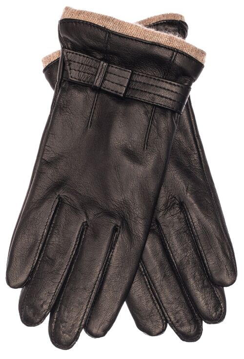 EEM Damen Leder Handschuhe aus Lammnappaleder mit Zierriegel, Strickstulpe und Fleecefutter