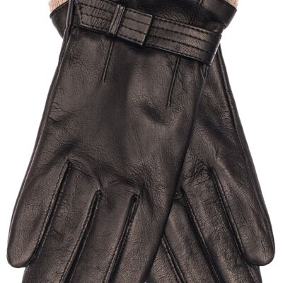 EEM women's leather gloves made of lamb nappa leather with decorative straps, knitted cuffs and fleece lining