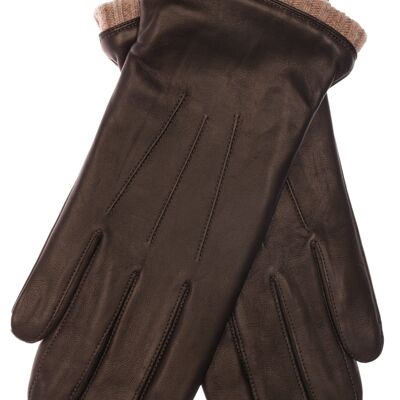 EEM men's leather gloves made of lamb nappa leather with knitted cuff and fleece lining - brown