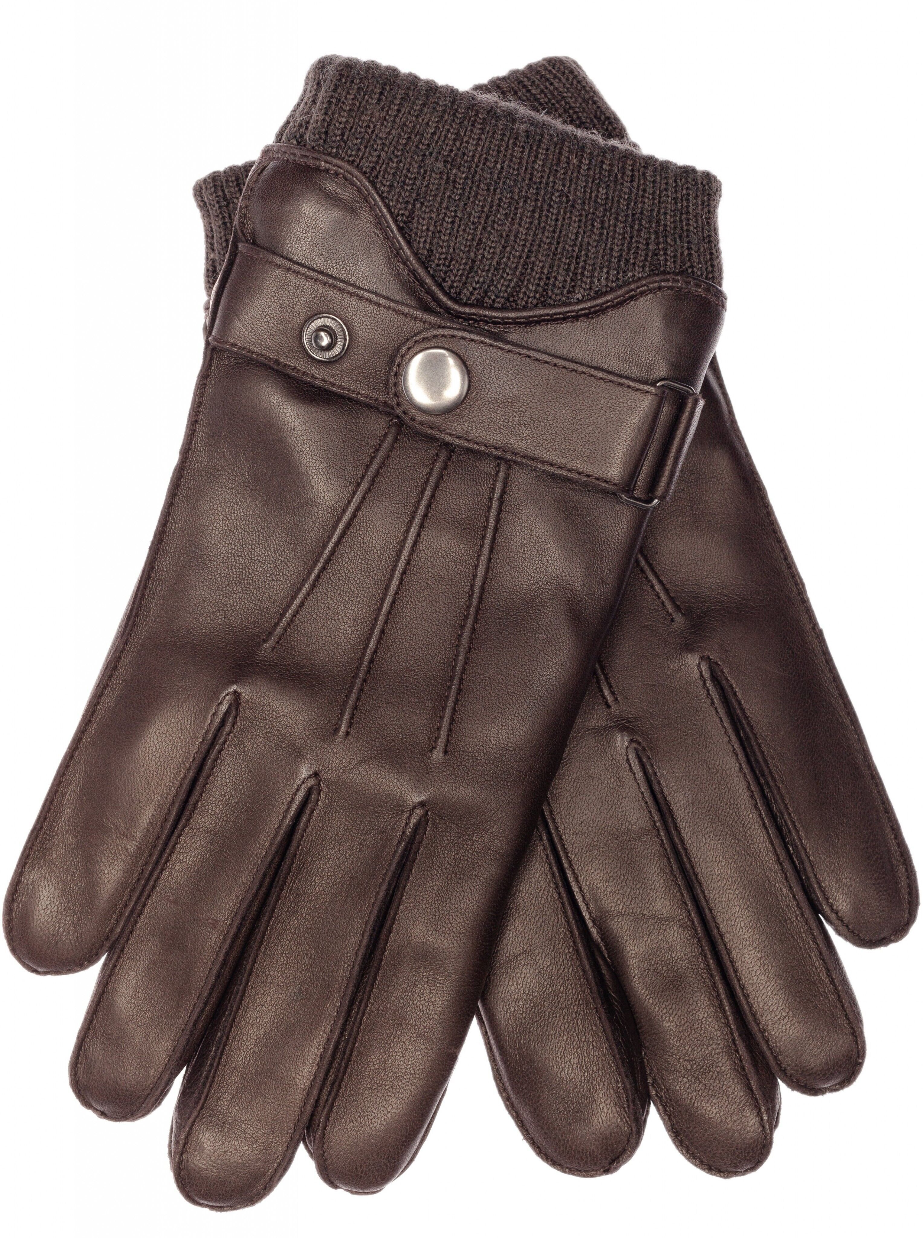 Gants en cuir homme EEM avec fonction tactile, barrette et manchette en tricot de laine, 100% cuir nappa d'agneau, smartphone - marron