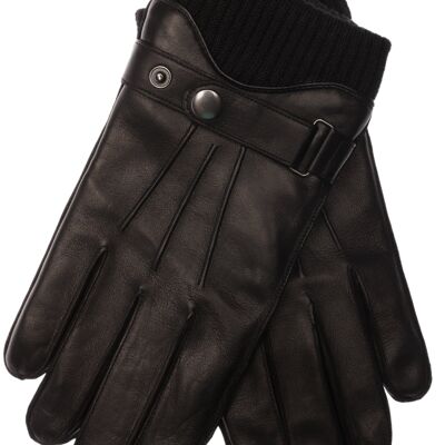 EEM men's leather gloves with touch function, bar and wool knit cuff, 100% lamb nappa leather, smartphone black