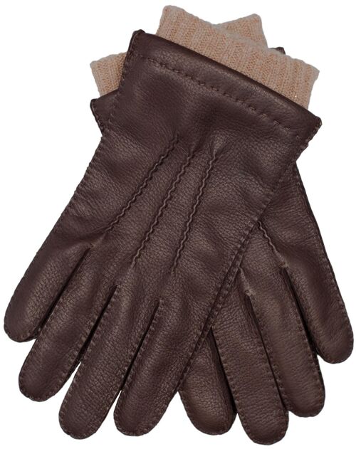 EEM Herren Leder Handschuhe EDGAR aus echtem Hirschleder mit hochwertigem Woll-Kaschmir-Futter, Luxus, Premium, handgenäht - Dunkelbraun