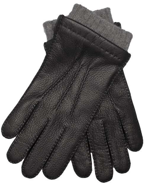 EEM Herren Leder Handschuhe aus echtem Hirschleder mit hochwertigem Woll-Kaschmir-Futter, Luxus, Premium, handgenäht schwarz-Grau