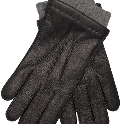 Guantes de piel para hombre EEM de auténtica piel de ciervo con forro de lana y cachemira de alta calidad, lujosos, de primera calidad, cosidos a mano en negro y gris