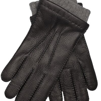 EEM Herren Leder Handschuhe aus echtem Hirschleder mit hochwertigem Woll-Kaschmir-Futter, Luxus, Premium, handgenäht schwarz-Grau