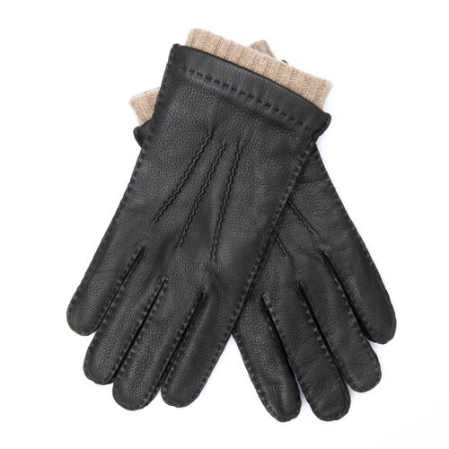 EEM Herren Leder Handschuhe EDGAR aus echtem Hirschleder mit hochwertigem Woll-Kaschmir-Futter, Luxus, Premium, handgenäht schwarz