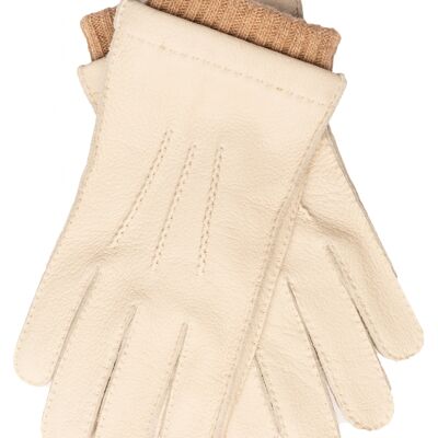 EEM Herren Leder Handschuhe EDGAR aus echtem Hirschleder mit hochwertigem Woll-Kaschmir-Futter, Luxus, Premium, handgenäht - Weiß