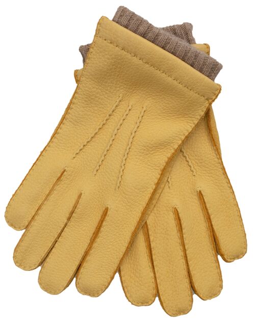EEM Herren Leder Handschuhe EDGAR aus echtem Hirschleder mit hochwertigem Woll-Kaschmir-Futter, Luxus, Premium, handgenäht - Gelb