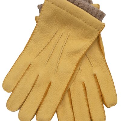 EEM Herren Leder Handschuhe EDGAR aus echtem Hirschleder mit hochwertigem Woll-Kaschmir-Futter, Luxus, Premium, handgenäht - Gelb