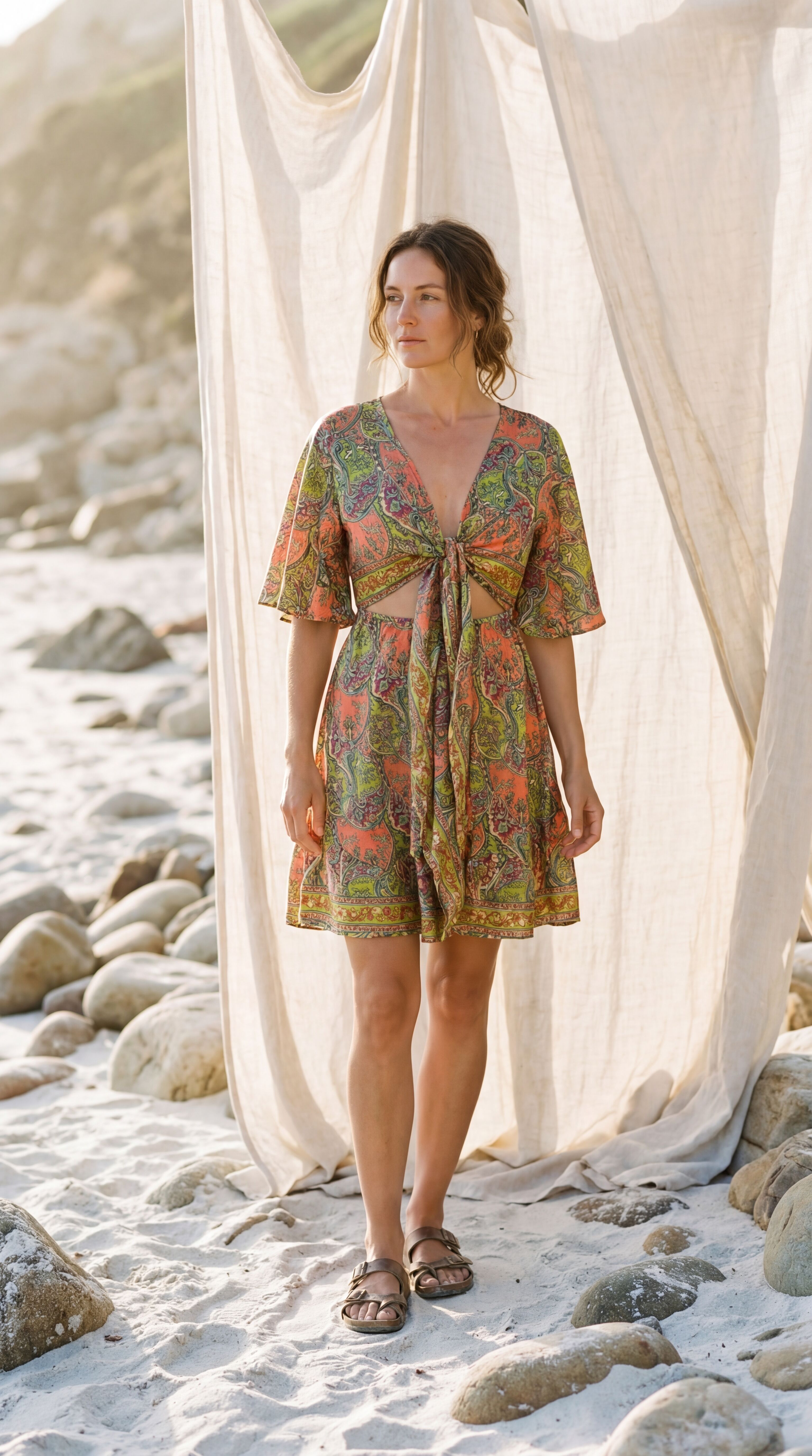Silk Front Tie Mini Dress - Boho Cut Out Summer Sundress